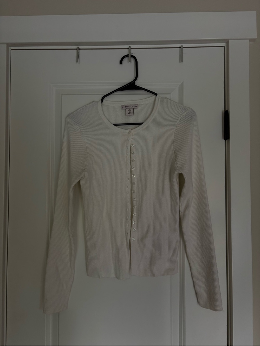 White Ribbed Long-Sleeve Button Front Top